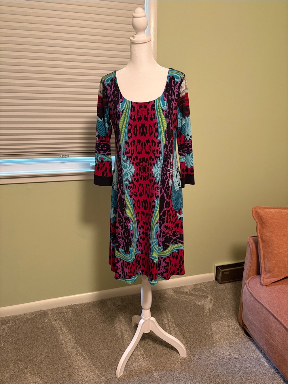 Eva Varro Magenta and Teal Printed Scoop-Neck Midi Dress